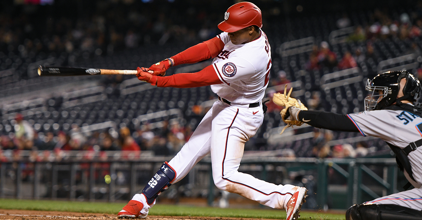 Former Washington Nationals right fielder Juan Soto (22) taking a swing during the 4th inning in a game against the Miami Marlins at Nationals Park in Washington D.C., April 26, 2022.