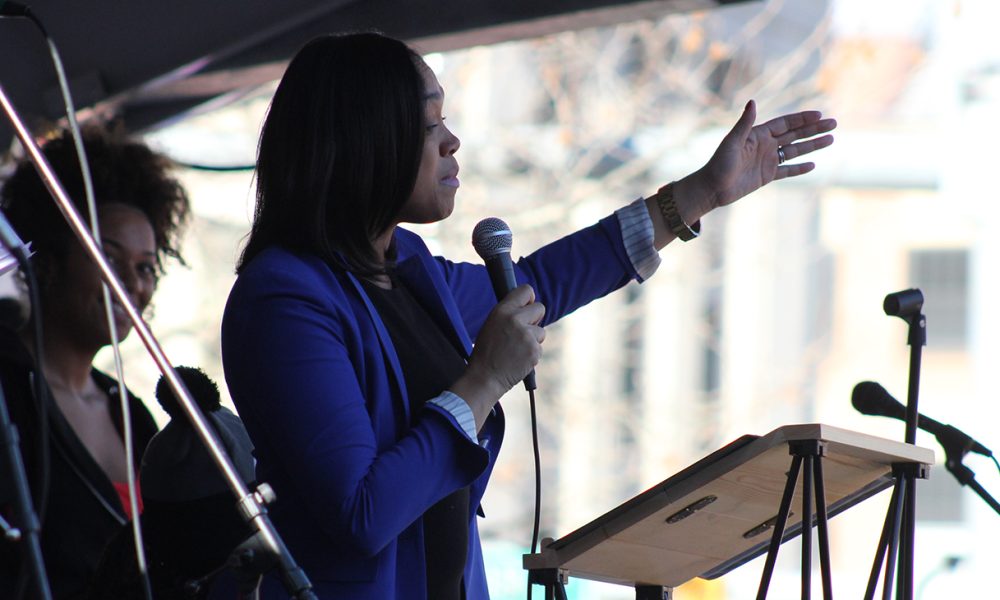 Former Baltimore State’s Attorney Marilyn Mosby speaks at the Baltimore Women's March Gathering Rally at War Memorial Plaza at 101 North Gay Street in Baltimore, MD, January 20, 2018. Photo by Elvert Barnes Protest Photography / Wikimedia Commons.