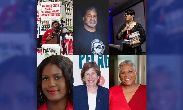 NEA President Becky Pringle, CBED founder Sharif El-Mekki, NASSP 2024 Principal of the Year Dr.Tracie Swilley, CTU President Stacy Davis Gates, AFT President Randi Weingarten, Ed Trust President Denise Forte (top left to bottom right/photo collage by Aziah Siid)