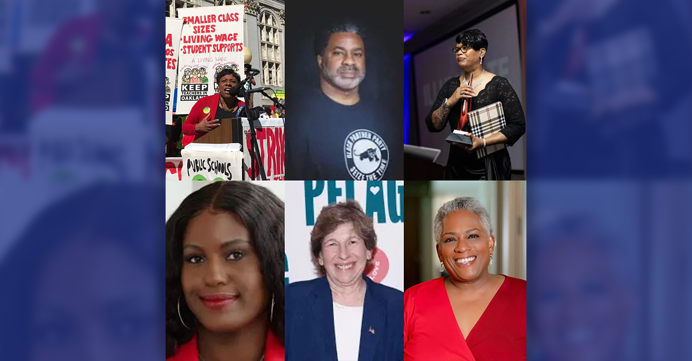 NEA President Becky Pringle, CBED founder Sharif El-Mekki, NASSP 2024 Principal of the Year Dr.Tracie Swilley, CTU President Stacy Davis Gates, AFT President Randi Weingarten, Ed Trust President Denise Forte (top left to bottom right/photo collage by Aziah Siid)