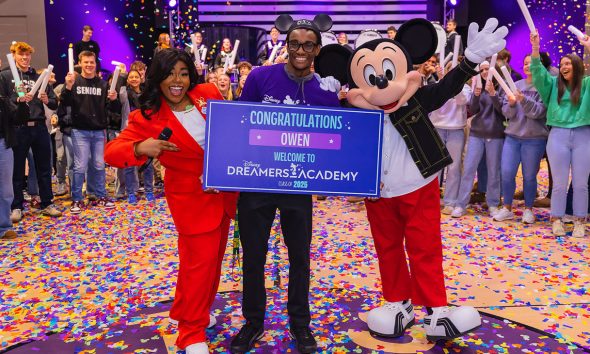 Atlanta-area student Owen Osborne at their schools with news of their selection to Disney Dreamers Academy earlier this week.