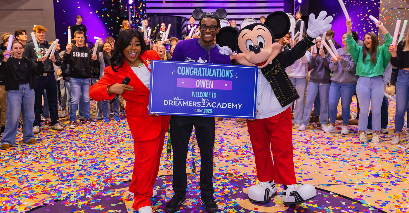 Atlanta-area student Owen Osborne at their schools with news of their selection to Disney Dreamers Academy earlier this week.
