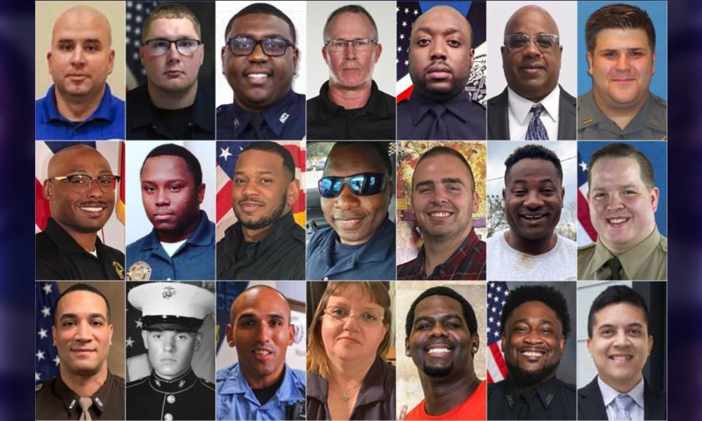 This combination of images shows, top row, from left, Christopher David Murray, Cody Olafson, Cornelius Anderson, Timothy Guyer, Edgar Ordonez, Kevin Reaux, Thomas Coulter, second row, Marcus Zeigler, Mulwa Sumbi, Patrick Dupree, Ronald Donat, William "Tex" Bailey, Wisbens Antoine, Spencer Englett, bottom row, Asson Hacker, Donald Fredenburg Jr., Enrique Delgado-Garcia, Michelle Strube, Marquis Kennedy, Vincent Parks and Andrew Sockwell. (Frisco Police Department, U.S. Customs and Border Protection, Harris County Sheriff's Office, Indiana Law Enforcement Academy, New York City Police Department, Bexar County Sheriff's Office, Daytona Beach Police Department, Hamilton County Sheriff’s Office, Law Enforcement Candidates Scholars' Program, Georgia State Patrol, Sharline Volcy, Kentucky Department of Fish and Wildlife, Knoxville Police Department, Forsyth County Sheriff's Department, Vanderburgh County Sheriff's Office, U.S. Marine Corps, Massachusetts State Police, Texas Department of Criminal Justice, Cassidy Hill, Jonesboro Police Department, City of Plano via AP)