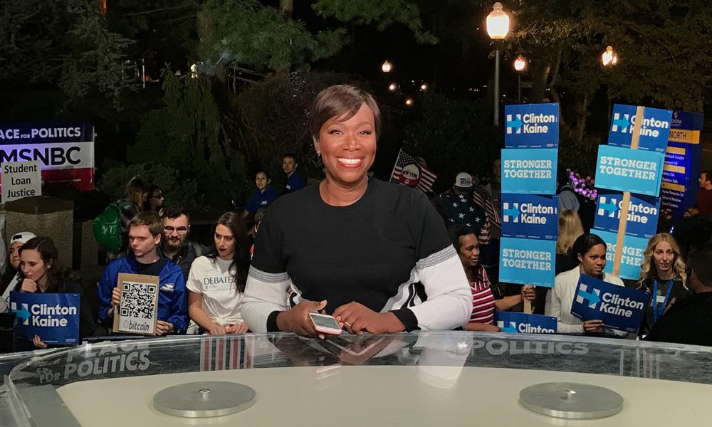 September 26, 2016 Presidential Debate between Hillary Clinton and Donald Trump. MSNBC host Joy Reid is on set preparing for a live appearance on air. Photo: Mayaluk / Wikimedia Commons.
