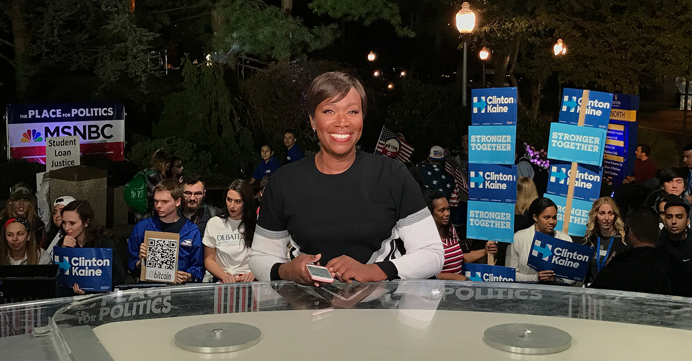 September 26, 2016 Presidential Debate between Hillary Clinton and Donald Trump. MSNBC host Joy Reid is on set preparing for a live appearance on air. Photo: Mayaluk / Wikimedia Commons.