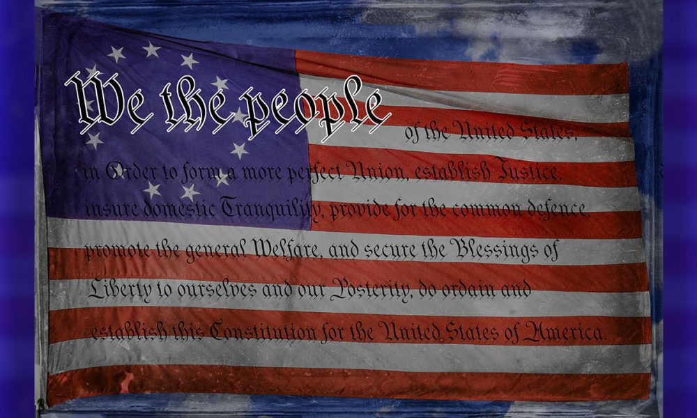 US Constitution with Betsy Ross 13-star Flag and Blue Sky Background