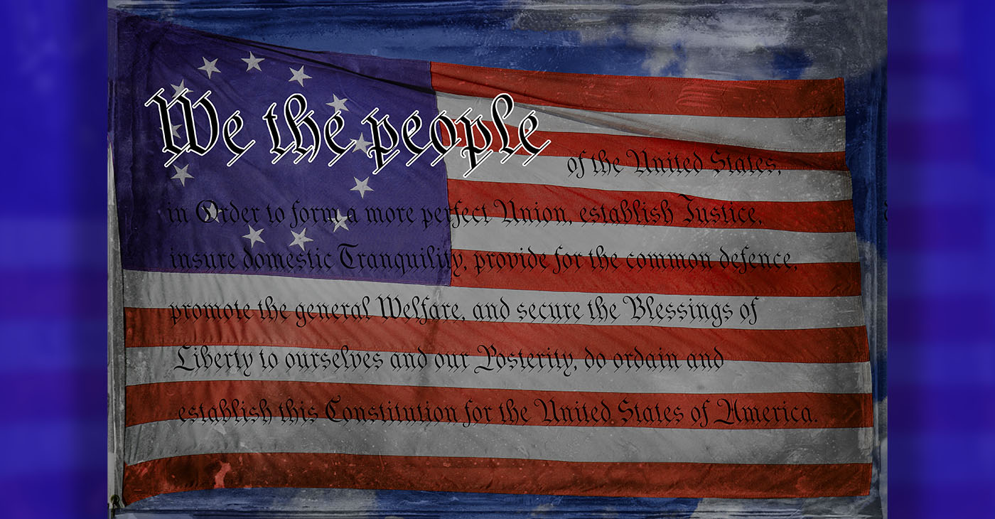 US Constitution with Betsy Ross 13-star Flag and Blue Sky Background