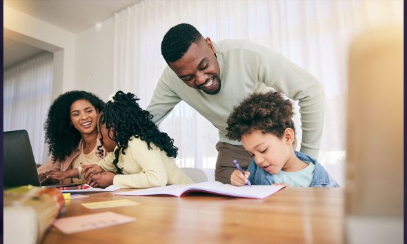 Writing, drawing and parents with children for homework, school activity and learning with notebooks (Photo Credit by Jacob Wackerhausen)