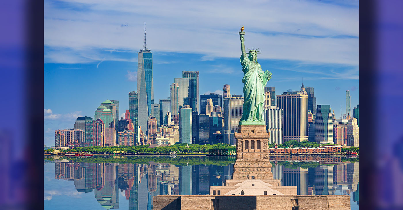 Statue of Liberty and New York City Skyline with Manhattan Financial District, Battery Park, Water of New York Harbor, World Trade Center, Empire State Building