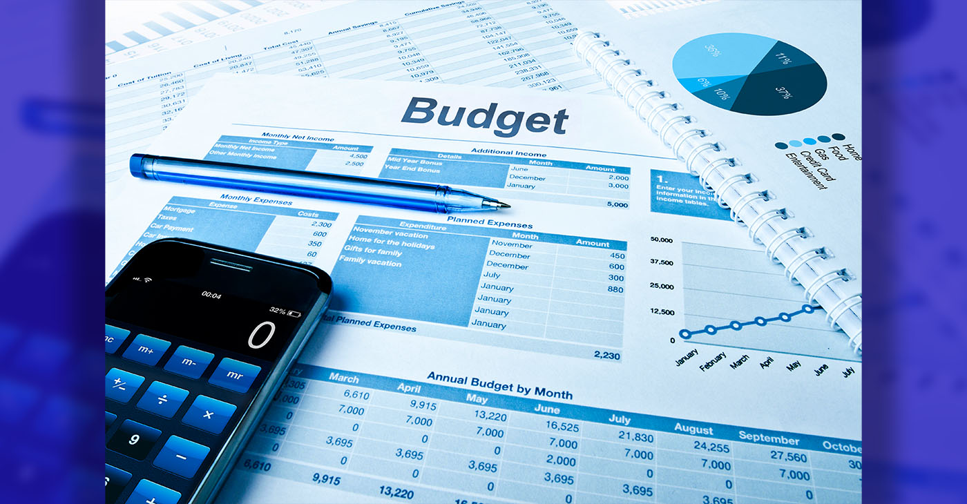 Budget planning with calculator and pie charts.