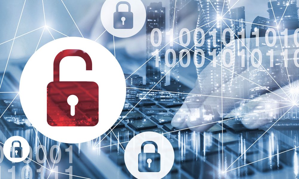 Hacker attack and data breach, information leak concept, double exposure futuristic cyber background with broken lock