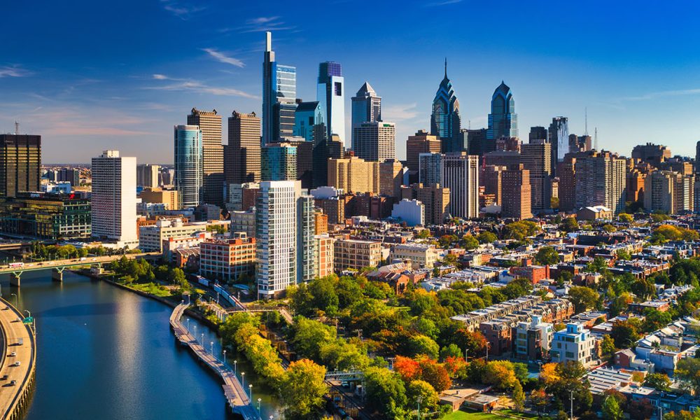 Philadelphia skyline aerial view with the Schuylkill River