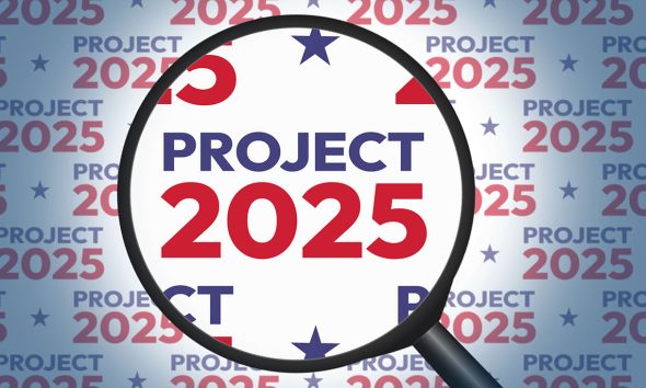 Project 2025 Zoom in with magnified glass in United States flag color with stars and typoraphy. Presidential Election concept backdrop (Photo by Muhammad Farhad)