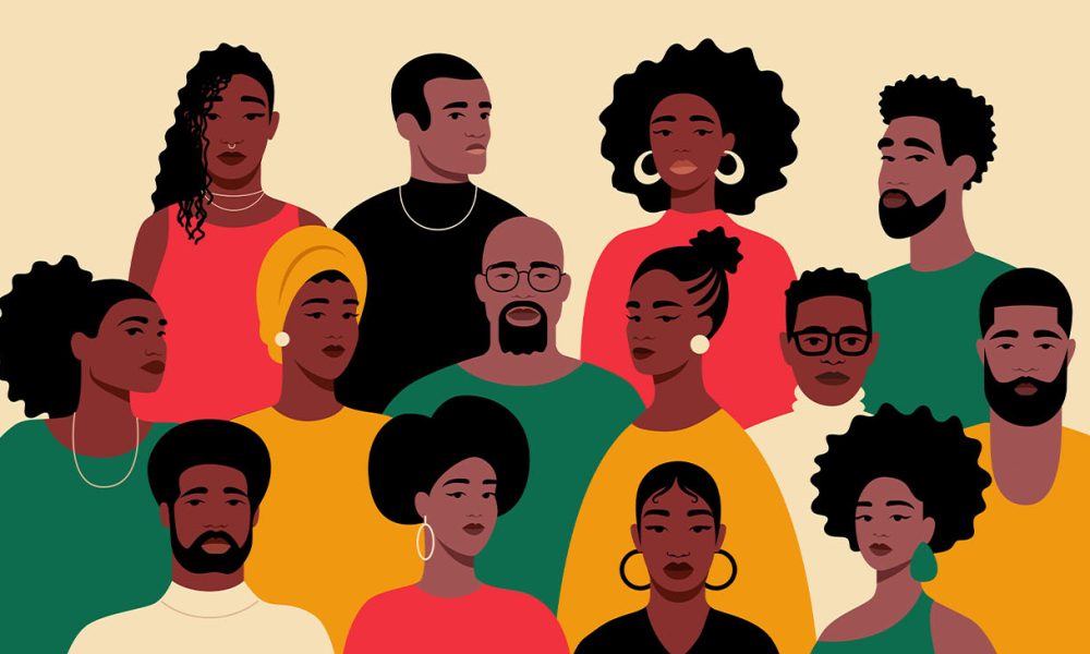 A group portrait of black people. African American men and women. Black History Month. Cartoon, flat, vector illustration (Photo by Maria Pestova)