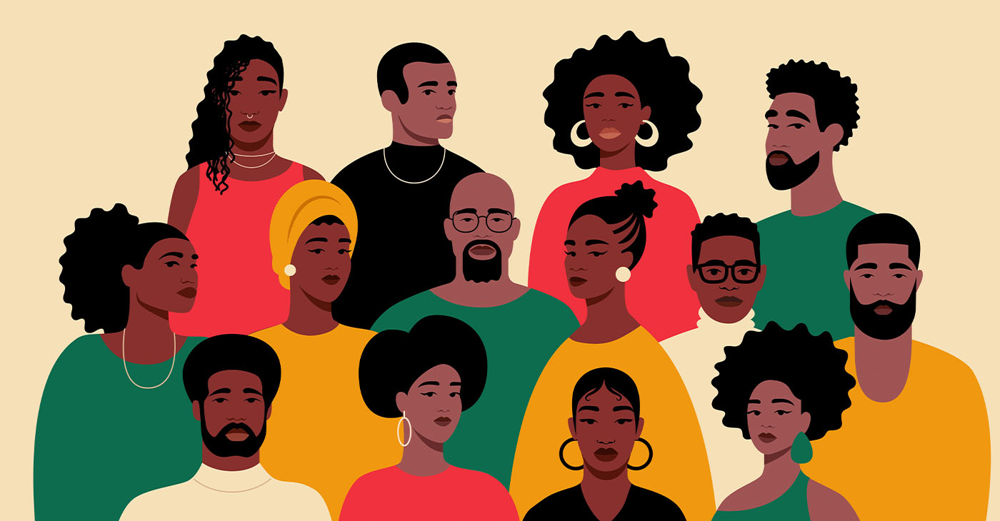 A group portrait of black people. African American men and women. Black History Month. Cartoon, flat, vector illustration (Photo by Maria Pestova)