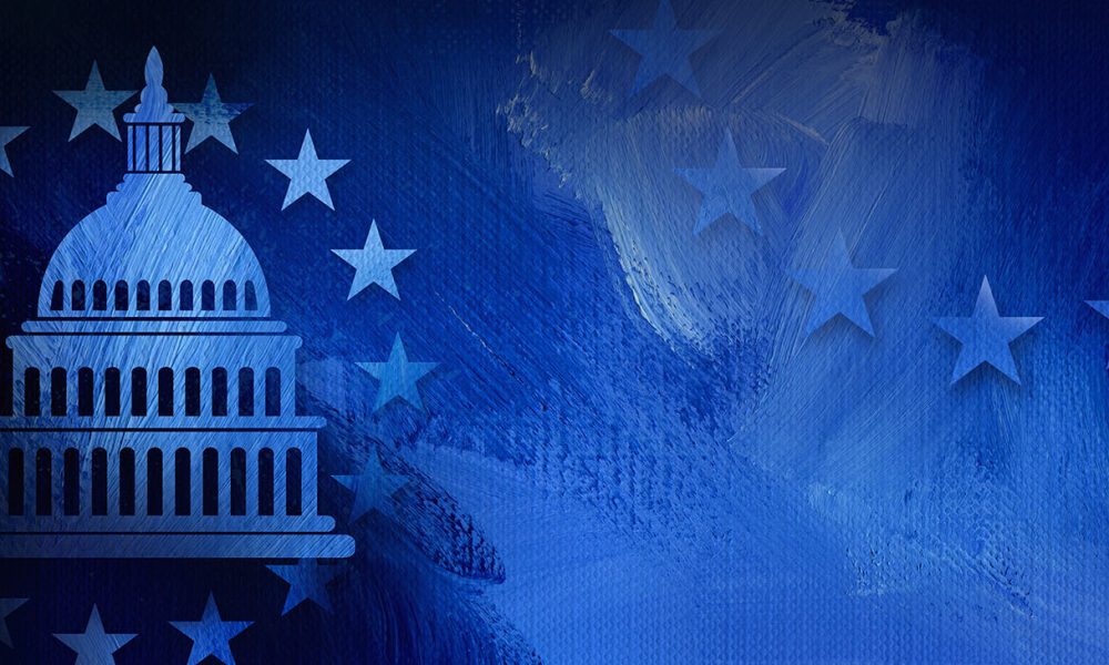 Graphic illustration of iconic American Capitol dome and simple ring of stars on abstract oil paint background. Conceptual graphic for political themed usage.