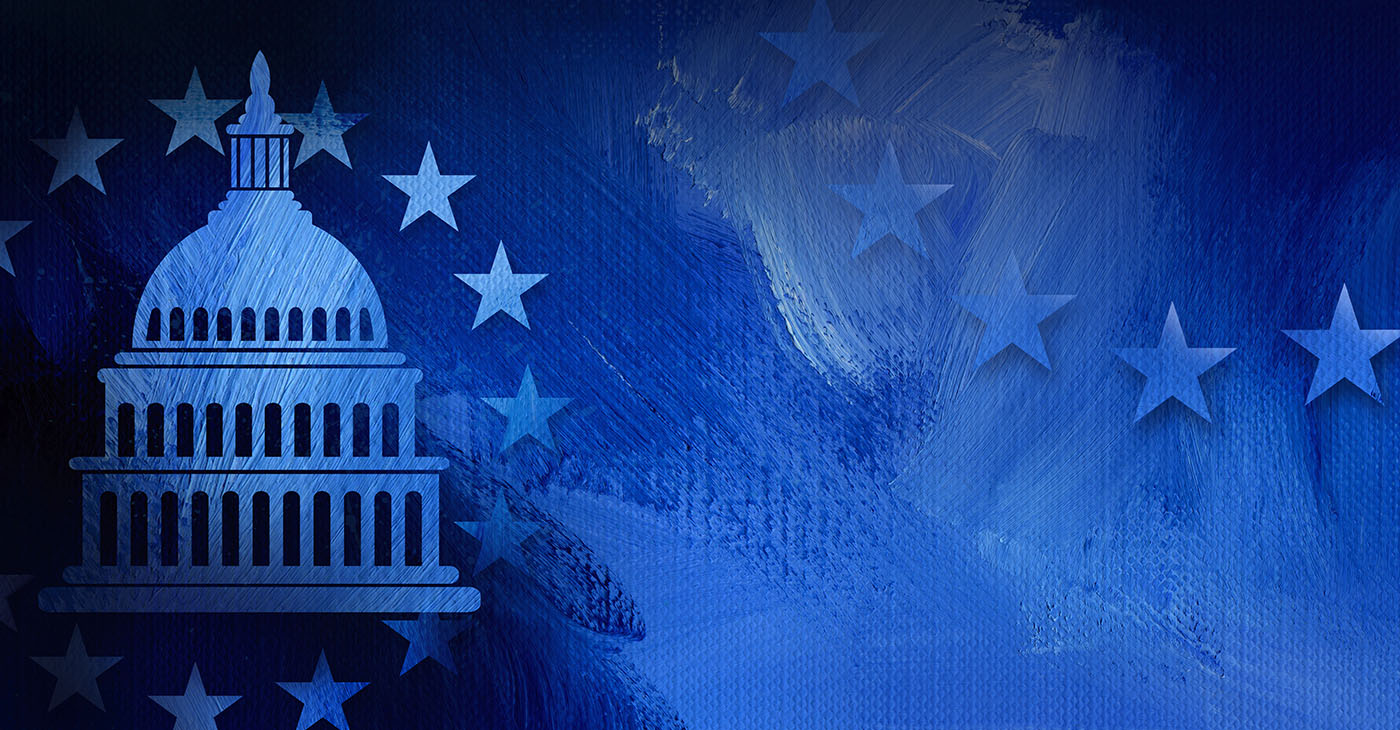 Graphic illustration of iconic American Capitol dome and simple ring of stars on abstract oil paint background. Conceptual graphic for political themed usage.