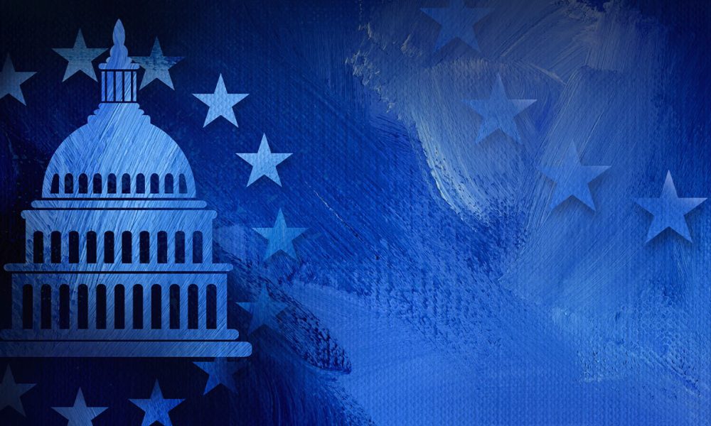 Graphic illustration of iconic American Capitol dome and simple ring of stars on abstract oil paint background. Conceptual graphic for political themed usage.