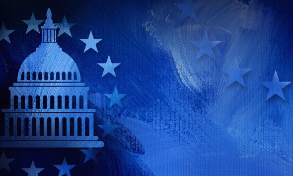 Graphic illustration of iconic American Capitol dome and simple ring of stars on abstract oil paint background. Conceptual graphic for political themed usage.