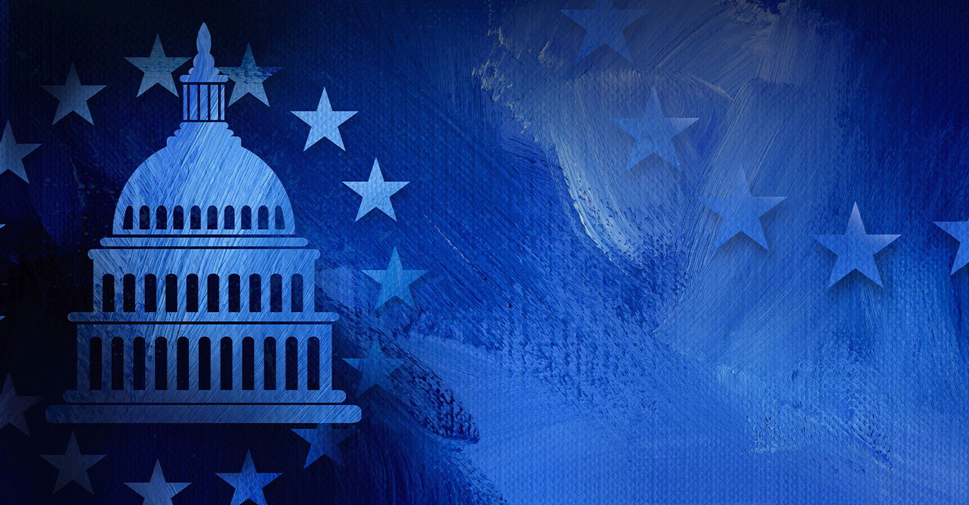 Graphic illustration of iconic American Capitol dome and simple ring of stars on abstract oil paint background. Conceptual graphic for political themed usage.