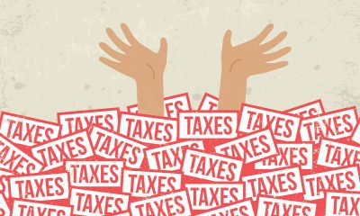 Conceptual illustration of a taxpayer drowning in a pile of tax returns. Overtaxation, unpaid taxes concept.