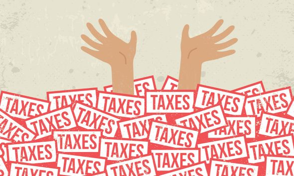 Conceptual illustration of a taxpayer drowning in a pile of tax returns. Overtaxation, unpaid taxes concept.
