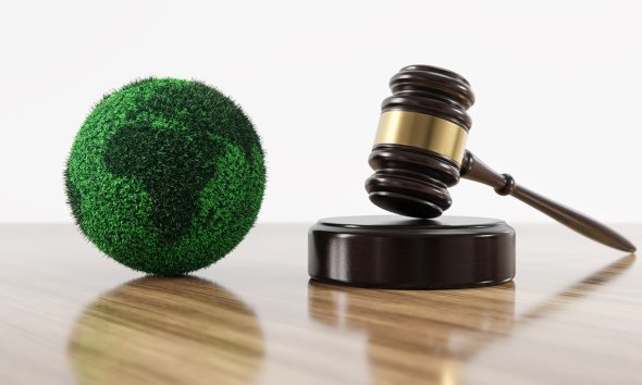Environment Law. Green Globe World and gavel hammer. Environmental protection and eco-friendly legislation law. Save Earth. ESG concept. (Photo by Alexander Sikov)