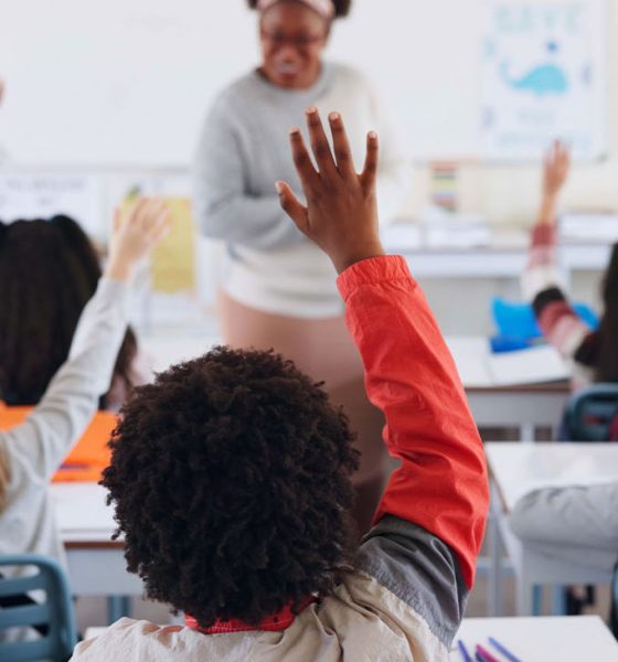 Children, back and hands raised at school with for question, answer and learning at youth academy. Kids, education and teacher for development with sign for talking, quiz and scholarship in classroom (Photo b Jacob Wackerhausen)