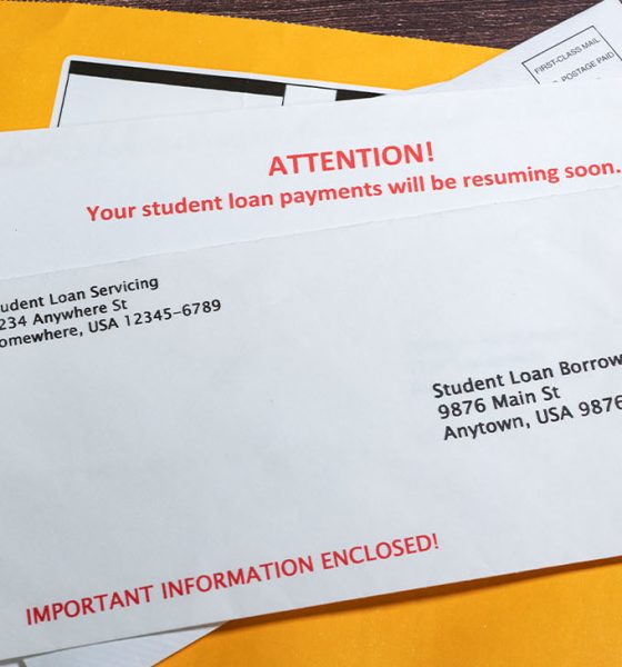 A student Loan Payments Resuming Notice in Envelope on top of other mail. (Photo by Richard Stephen)