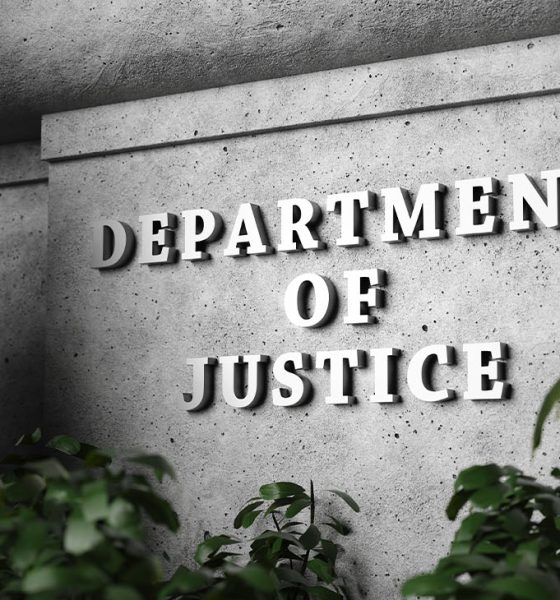 Silver sign of Department of Justice on a classical concrete wall with plants as foreground. Illustration of the concept of enforcement of federal laws