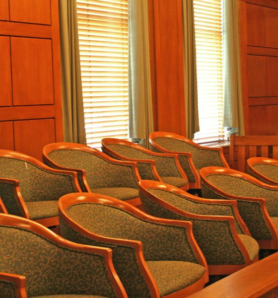 Juror's row in a court room.