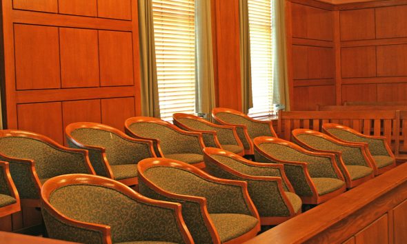 Juror's row in a court room.