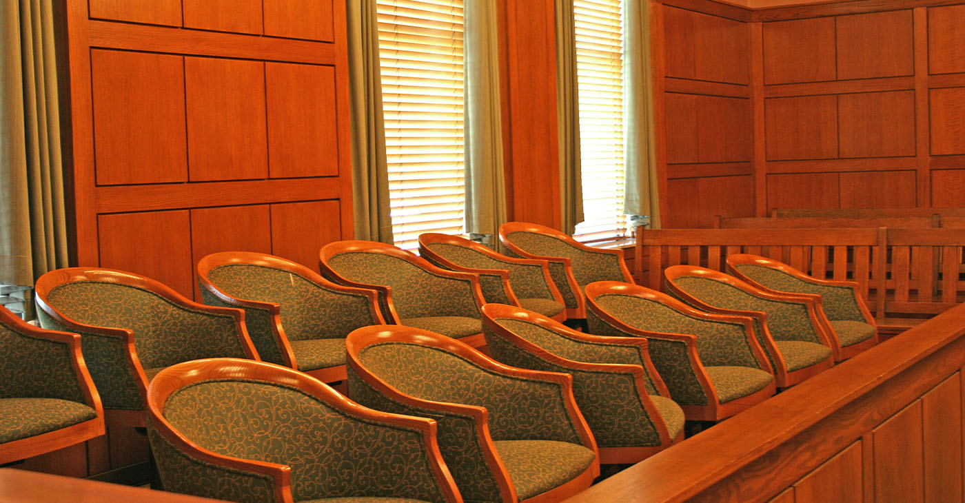 Juror's row in a court room.