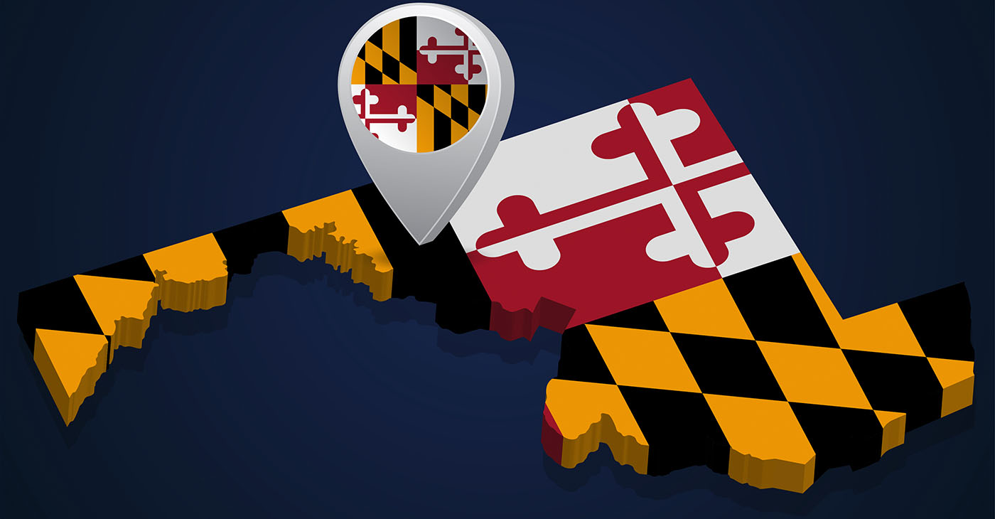 Flag of State of Maryland of USA on map on dark background. Vector illustration (Photo by Zloyel)
