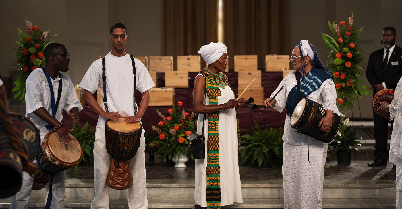 Dillard University hosted jazz funeral honoring 19 individuals whose skulls were returned to New Orleans after being sent to Leipzig, Germany for racial pseudoscience over 150 years ago / Malachi Casimire, Dillard University. 