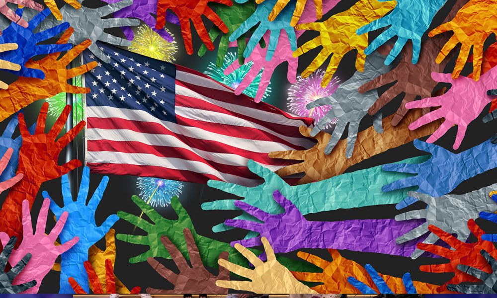 American People Diversity Celebration and 4th of July and Independence Day in the United States bringing diverse people together as a multicultural celebration of freedom and patriotism as a Fourth day honor celebrating USA.