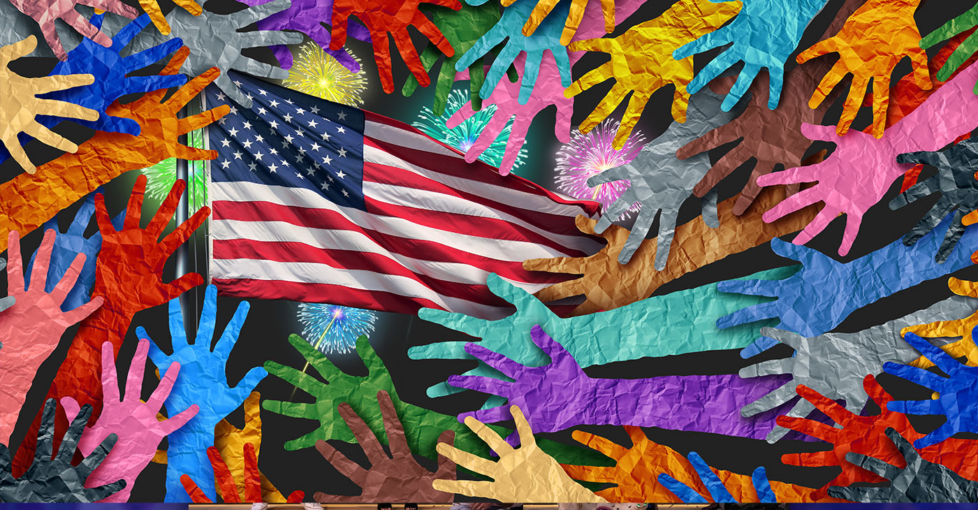 American People Diversity Celebration and 4th of July and Independence Day in the United States bringing diverse people together as a multicultural celebration of freedom and patriotism as a Fourth day honor celebrating USA.