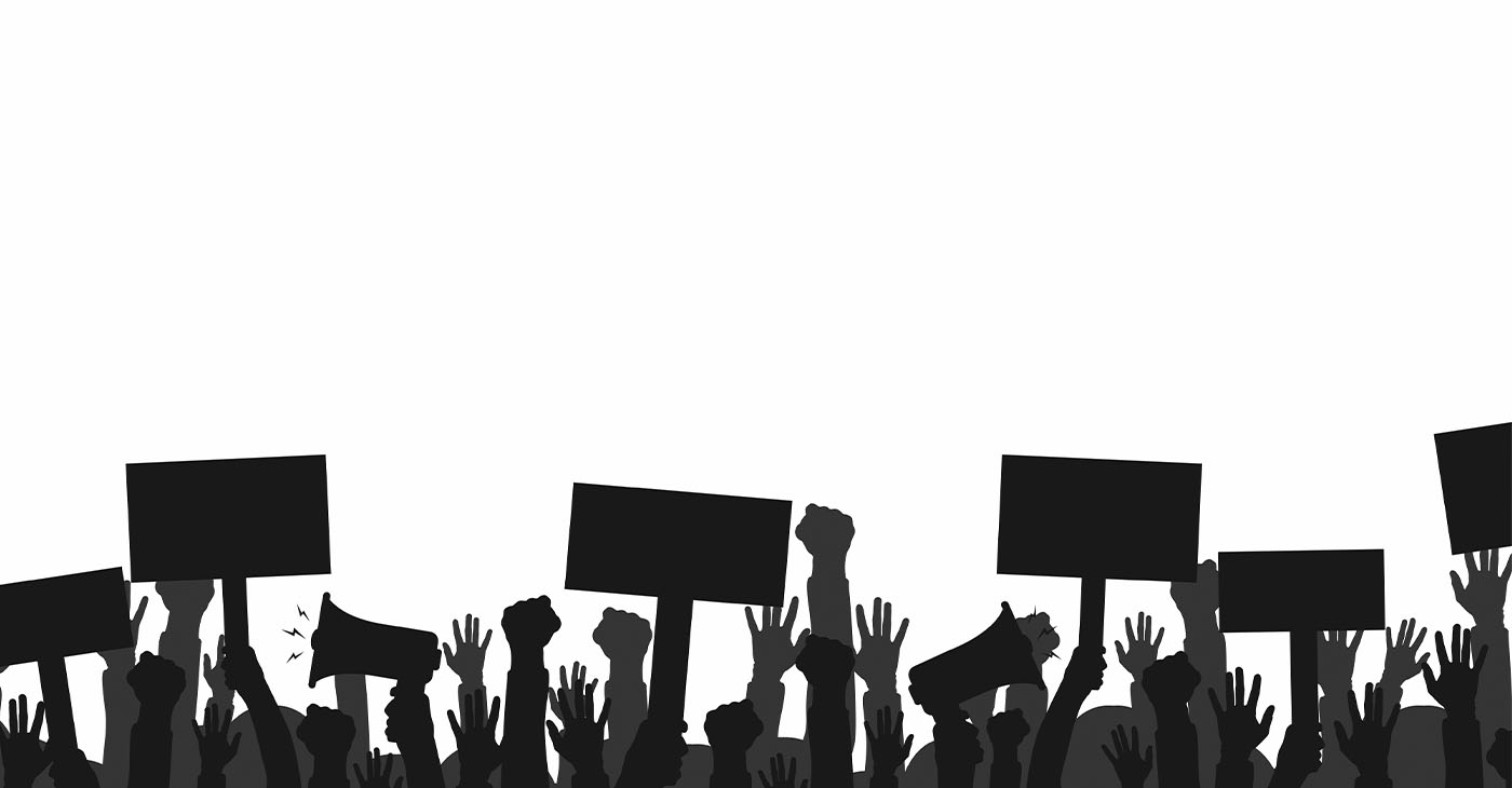 Crowd of protesters people. Silhouettes of people with banners and megaphones. Concept of revolution or protest. Vector (Photo by Yevhenii Dubinko)