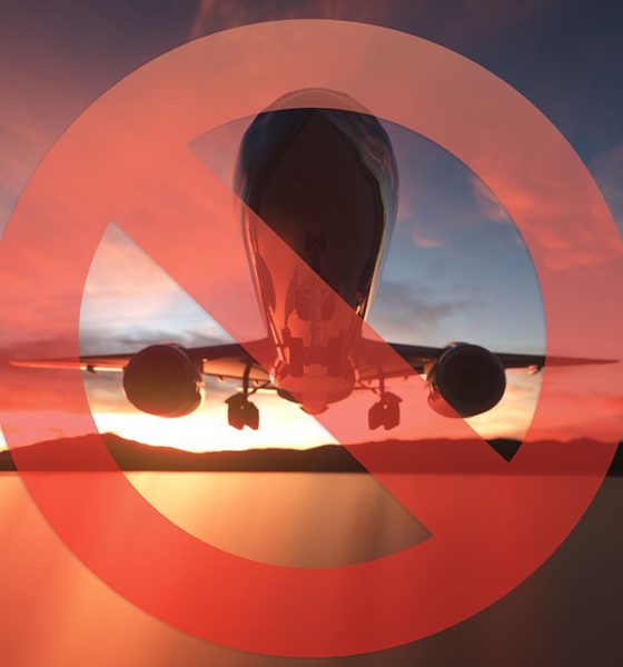 Stop Sign with Passenger's Airplane on a sunset sky background. 3d rendering.