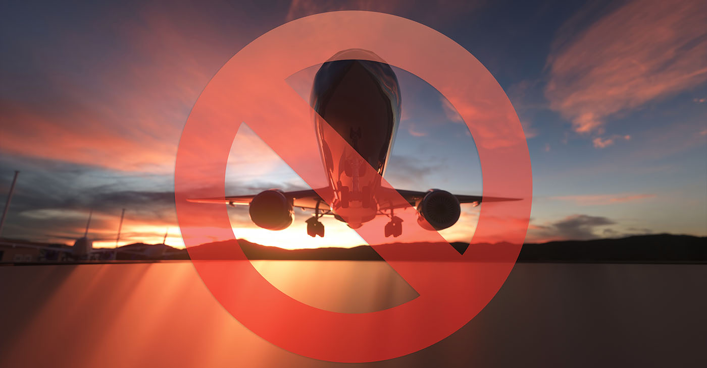 Stop Sign with Passenger's Airplane on a sunset sky background. 3d rendering.