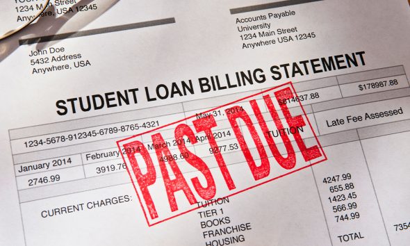 Statement for a Student Loan on a desktop. Loan is PAST DUE with a red rubber stamp. Props include reading glasses, coffee cup and pen. Horizontal photograph. PAST DUE is bright red against the white form. Shot from a high angle looking down. Dramatic lighting with some shadows.