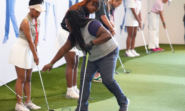 Tiana Jones, PGA, gives putting instructions to PGA WORKS participants during the PGA WORKS Beyond The Green clinic at the Home of the PGA of America at PGA Frisco on Monday, June 16, 2025 in Firsco, Texas. 