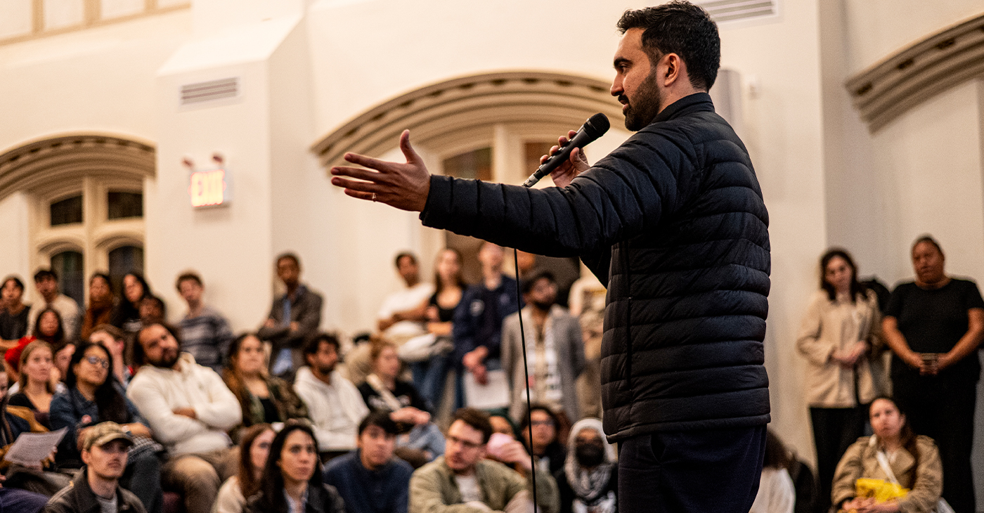 Zohran Mamdani Speaking at a DSA 101 Meeting at the Church of the Village in NYC. Photo by Bingjiefu He.