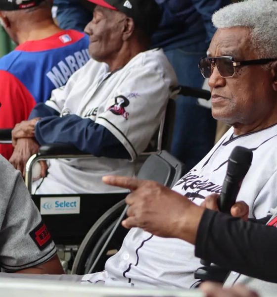 Ron Wood (left) talks to Negro League legend Al Holt (right).