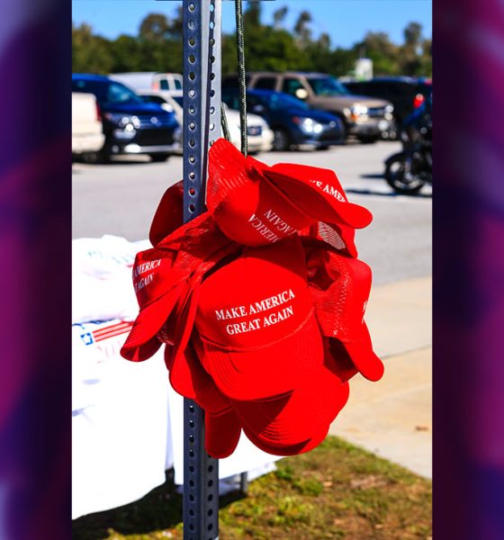 Sarasota, FL, USA - November 28, 2015: Donald Trump for President "Make America Great Again" red baseball hats on sale at his Presidential candidate tour stop in Sarasota FL