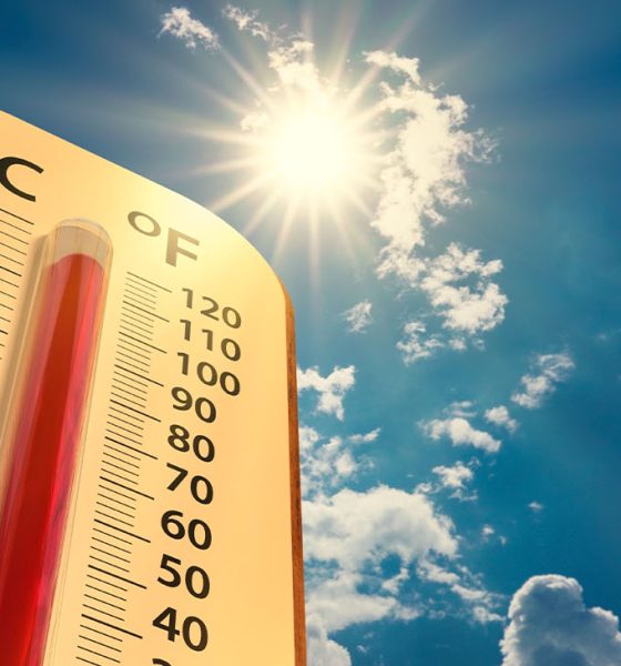 climate change, low angle view Thermometer on blue sky with sun shining in summer show increase temperature, concept global warming