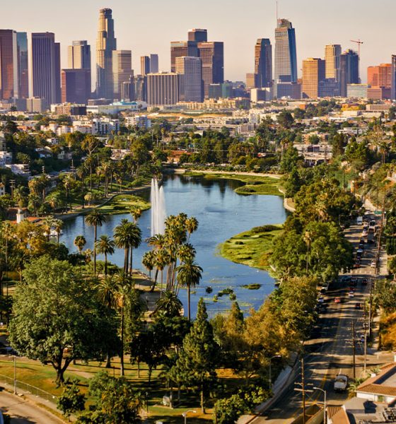 Aerial view of Echo Park Lake surrounded by neighbourhood with high rise office buildings in background, City Of Los Angeles, California, USA.