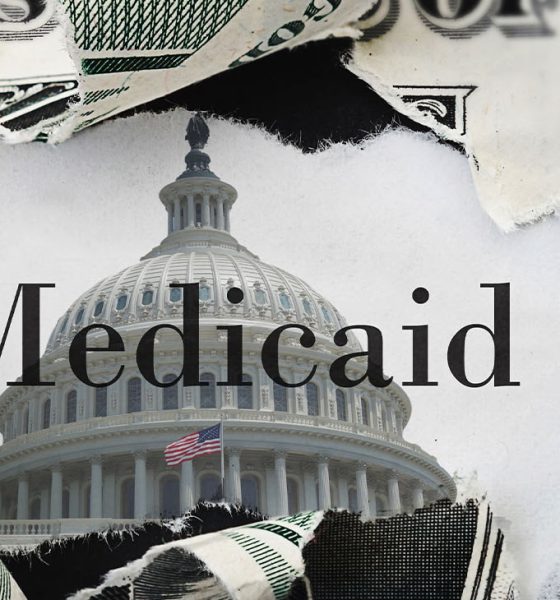 Torn dollar bill with medicaid text and US Capitol