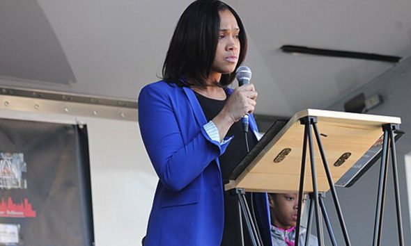 Baltimore Women's March Gathering Rally at War Memorial Plaza at 101 North Gay Street in Baltimore MD on Saturday morning, 20 January 2018 by Elvert Barnes Protest Photography Marilyn Mosby, Baltimore City State's Attorney www.facebook.com/baltimorecitysao (Wikimedia Commons)