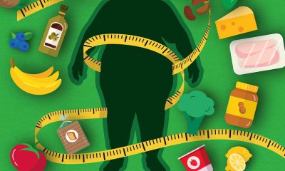 Vector illustration of Healthy eating and food weight loss concept with silhouette of obese person losing weight with measuring tape and vibrant colors. Weight loss and diabetes. Includes editable vector eps and high resolution jpg.